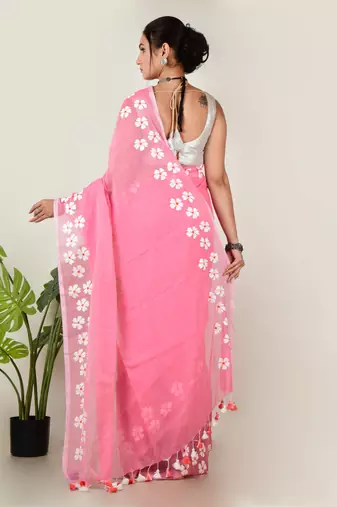 Aakar pink handloom cotton saree with handcrafted floral art