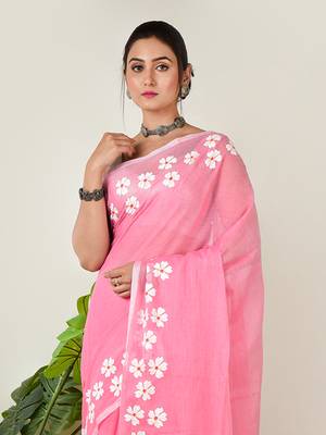 Aakar pink handloom cotton saree with handcrafted floral art 5