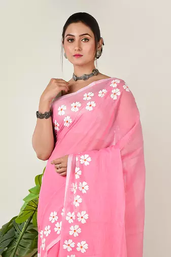 Aakar pink handloom cotton saree with handcrafted floral art