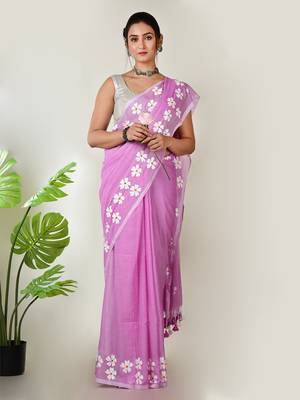 Aakar Purple handloom cotton saree with delicate handcrafted floral art 1