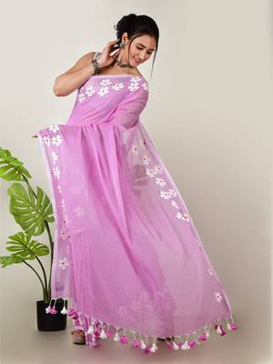 Aakar Purple handloom cotton saree with delicate handcrafted floral art 2