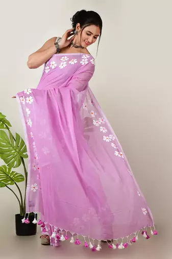 Aakar Purple handloom cotton saree with delicate handcrafted floral art