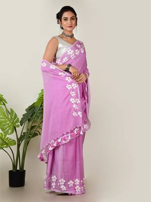 Aakar Purple handloom cotton saree with delicate handcrafted floral art 3