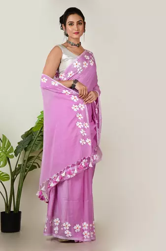 Aakar Purple handloom cotton saree with delicate handcrafted floral art