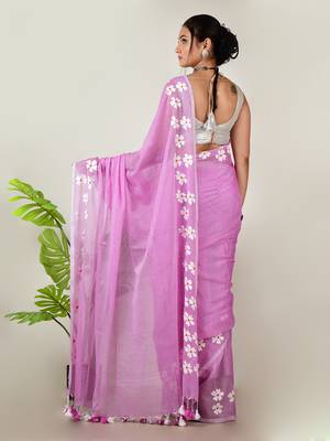 Aakar Purple handloom cotton saree with delicate handcrafted floral art 4