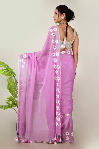 Aakar Purple handloom cotton saree with delicate handcrafted floral art