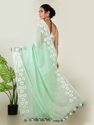 Aakar pastel green handloom cotton saree with delicate handcrafted floral art 3