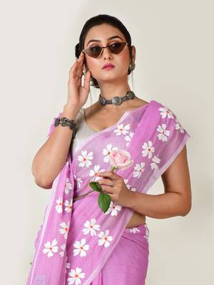 Aakar Purple handloom cotton saree with delicate handcrafted floral art 5