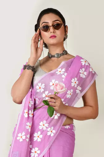 Aakar Purple handloom cotton saree with delicate handcrafted floral art