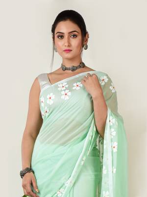 Aakar pastel green handloom cotton saree with delicate handcrafted floral art 5