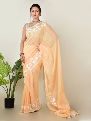Aakar Rosy mehak | peach beige handloom cotton saree with delicate handcrafted floral art 1