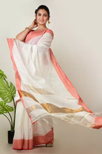 Aakar Aagomoni | white handloom cottton saree with red border