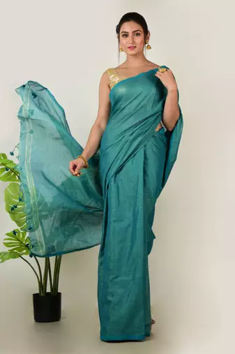 Aakar turquoise green handloom linen saree with golden zari stripe