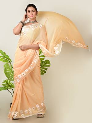 Aakar Rosy mehak | peach beige handloom cotton saree with delicate handcrafted floral art 2