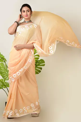 Aakar Rosy mehak | peach beige handloom cotton saree with delicate handcrafted floral art