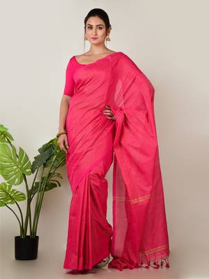 Aakar raspberry pink handloom linen saree with golden zari stripe 1