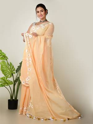 Aakar Rosy mehak | peach beige handloom cotton saree with delicate handcrafted floral art 3