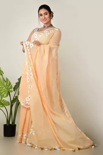 Aakar Rosy mehak | peach beige handloom cotton saree with delicate handcrafted floral art