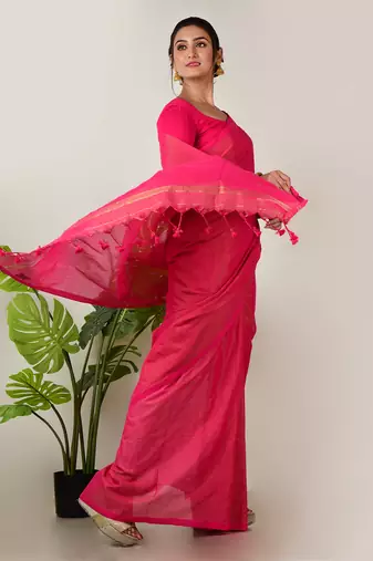 Aakar raspberry pink handloom linen saree with golden zari stripe