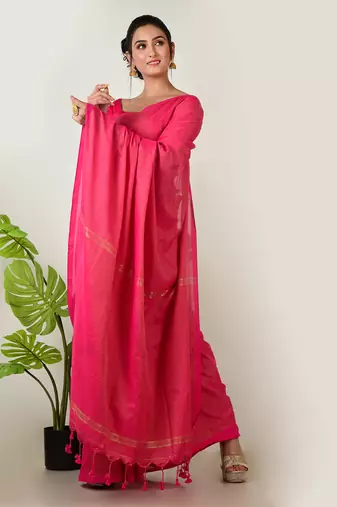 Aakar raspberry pink handloom linen saree with golden zari stripe