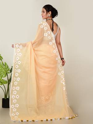 Aakar Rosy mehak | peach beige handloom cotton saree with delicate handcrafted floral art 4