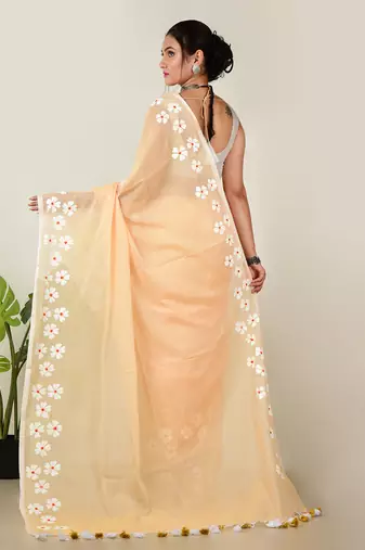 Aakar Rosy mehak | peach beige handloom cotton saree with delicate handcrafted floral art