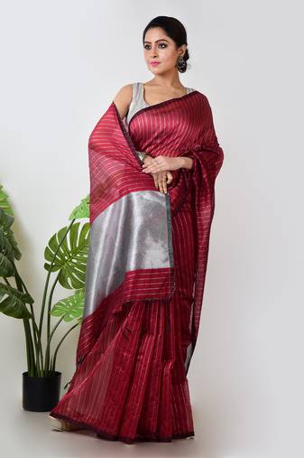 Aakar red handloom linen saree with white zari stripe