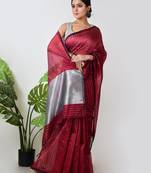 Aakar red handloom linen saree with white zari stripe