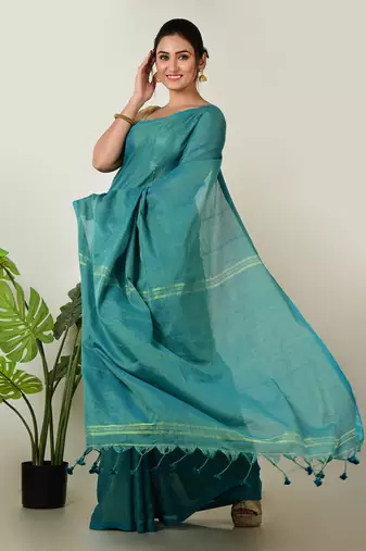 Aakar turquoise green handloom linen saree with golden zari stripe