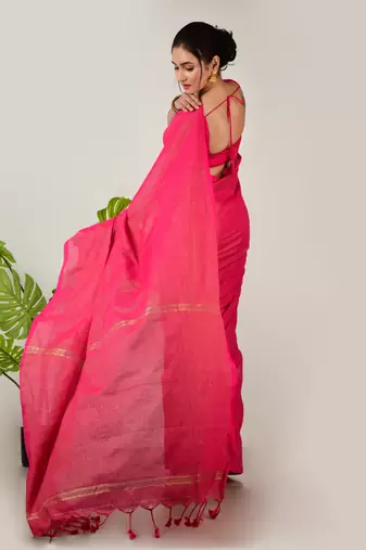 Aakar raspberry pink handloom linen saree with golden zari stripe