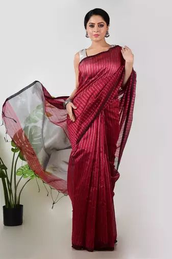 Aakar red handloom linen saree with white zari stripe