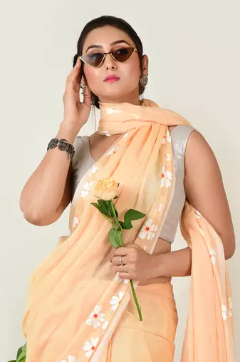 Aakar Rosy mehak | peach beige handloom cotton saree with delicate handcrafted floral art