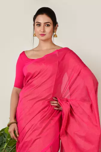 Aakar raspberry pink handloom linen saree with golden zari stripe
