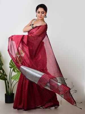 Aakar red handloom linen saree with white zari stripe 3
