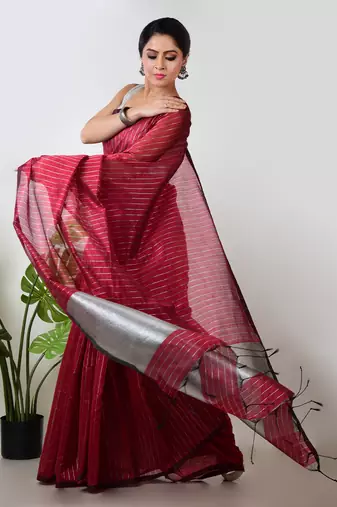 Aakar red handloom linen saree with white zari stripe