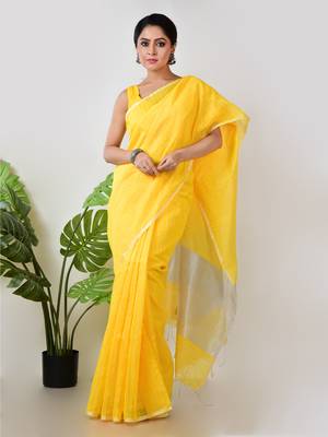 Aakar yellow handloom linen saree with white zari stripe 1