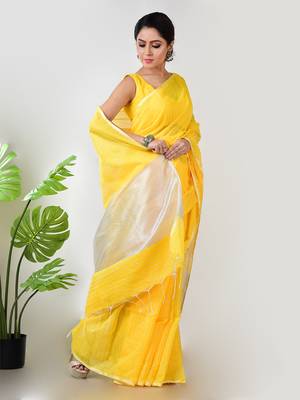 Aakar yellow handloom linen saree with white zari stripe 2