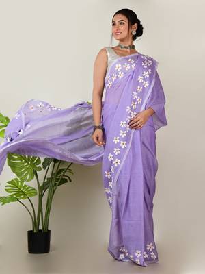 Aakar lavender handloom cotton saree with delicate handcrafted floral art 1