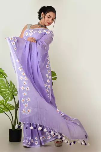 Aakar lavender handloom cotton saree with delicate handcrafted floral art