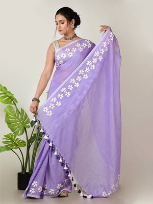 Aakar lavender handloom cotton saree with delicate handcrafted floral art 3
