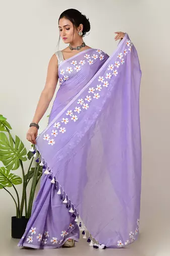 Aakar lavender handloom cotton saree with delicate handcrafted floral art