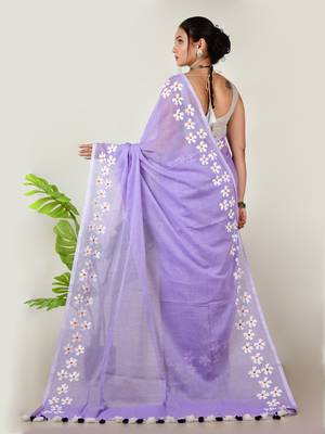 Aakar lavender handloom cotton saree with delicate handcrafted floral art 4