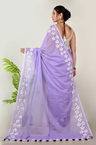 Aakar lavender handloom cotton saree with delicate handcrafted floral art