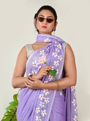 Aakar lavender handloom cotton saree with delicate handcrafted floral art 5