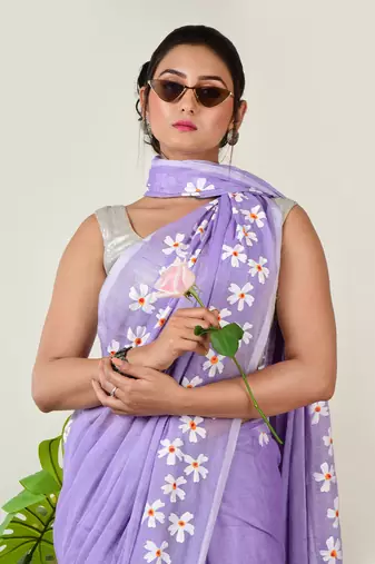 Aakar lavender handloom cotton saree with delicate handcrafted floral art