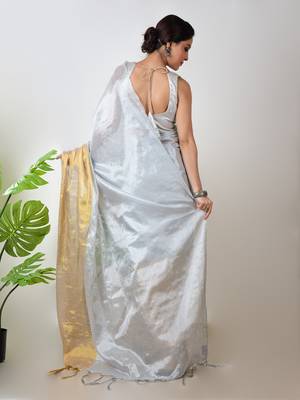 white and yellow handloom tissue saree 4