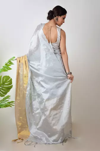 white and yellow handloom tissue saree