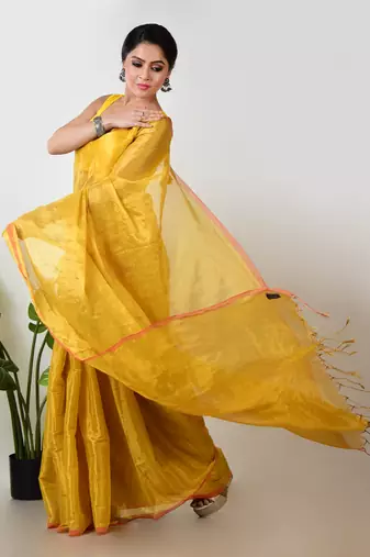 Aakar yellow handloom tissue saree