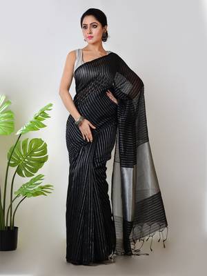Aakar black handloom linen saree with white zari stripe 1