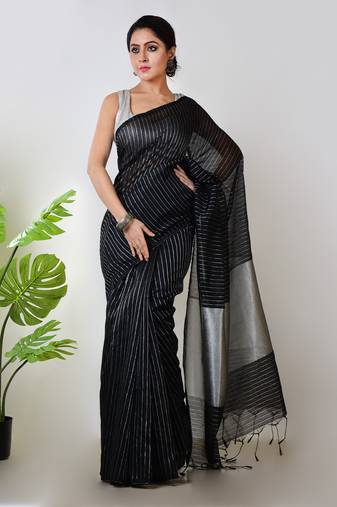 Aakar black handloom linen saree with white zari stripe
